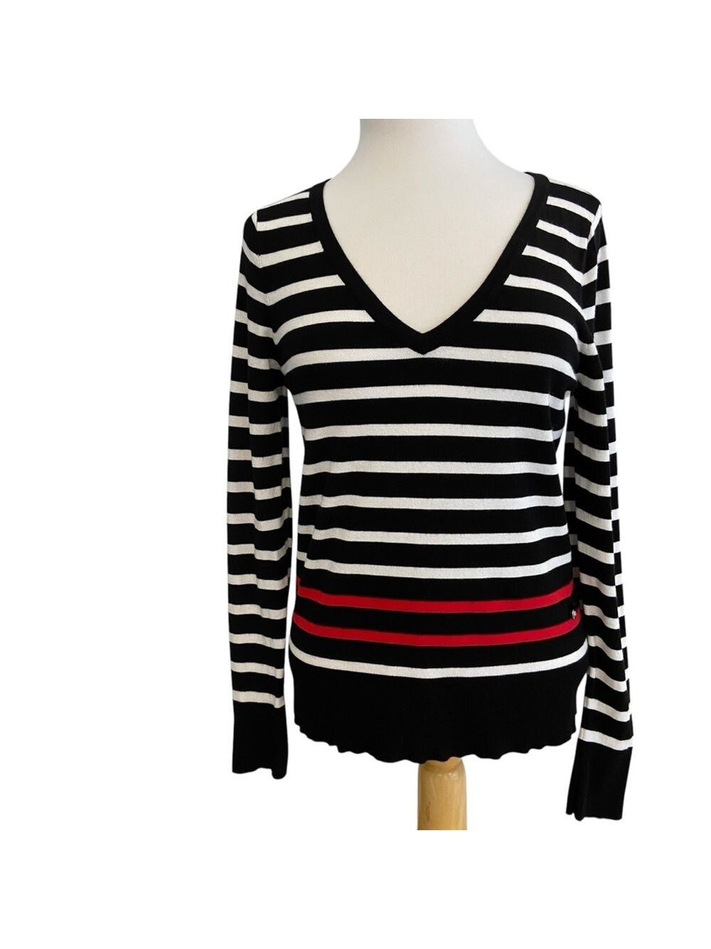Contemporaine knit sweater black white red stripes V neck long sleeves in medium